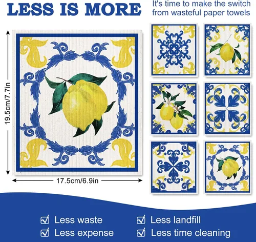 Vista 2 de AnyDesign Paquete de 6 paños de cocina suecos con azulejos azules y blancos de limón, reutilizables, lavables, de algodón, para limpieza