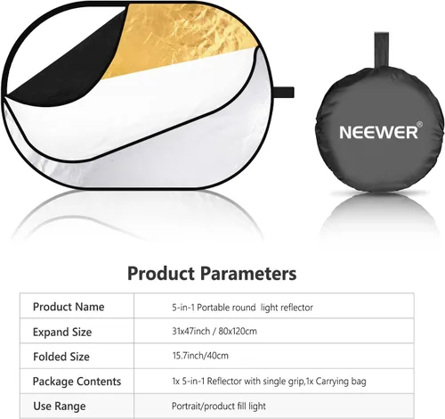 Vista 8 de NEEWER Reflectores de luz de 80x120cm para fotografía de 31"x47", portátiles 5 en 1 plegables con bolsa - Difusor translúcido, plateado, dorado