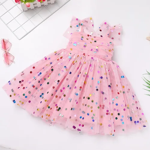 Vista 6 de Vestido tutú para niña, sin mangas, fruncido, vestido de verano con lentejuelas brillantes, lunares, estrellas, princesa, vestido de tul