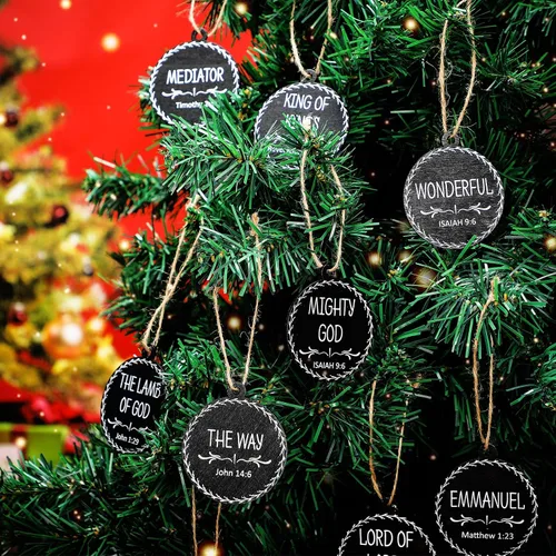 Vista 4 de Jetec 48 Piezas Adornos con Nombres de Jesús Cristo Adornos de Navidad Juego de Belén Adorno Redondo de Madera para Navidad Adorno Colgante