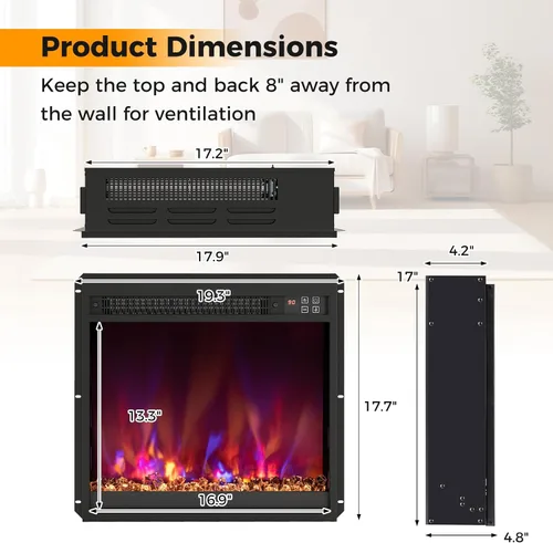 Vista 5 de SIMOE Inserto de chimenea eléctrica de 18 pulgadas, inserto de chimenea empotrado de 1500 W, pequeño con control remoto, temporizador de 0.5-9H, 8