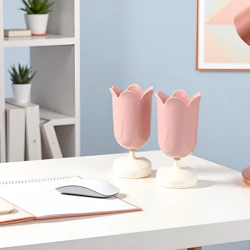 Vista 4 de 2 soportes de plástico rosa para bolígrafos de tulipán, bonitos vasos para escritorio, organizador de pinceles, suministros de papelería de oficina
