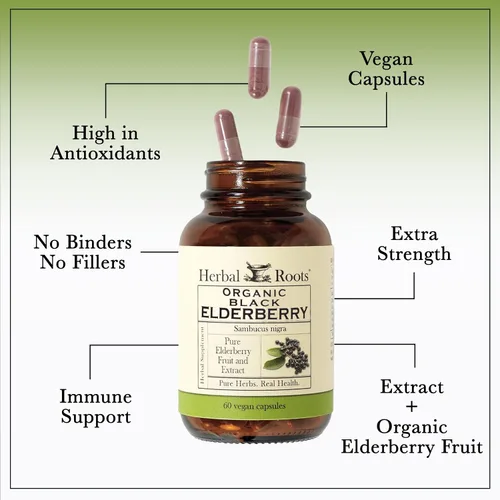 Vista 4 de Herbal Roots - Cápsulas orgánicas de saúco negro, fuerza máxima, certificado por USDA orgánico, apoyo inmunológico, 60 cápsulas veganas