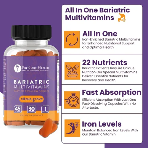 Vista 6 de Procare Health Multivitamínico bariátrico con hierro de 45 mg fácil de tragar, 30 comprimidos, vitaminas bariátricas postoperatorias para píldoras