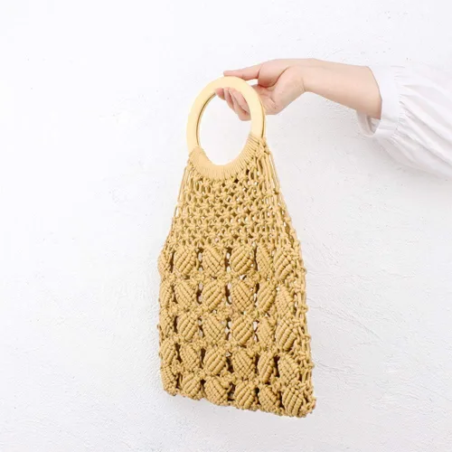 Vista 6 de Boho - Bolso de mano de algodón tejido a mano con mango redondo de madera (caqui), Blanco, caqui., 12.2''x 12.2