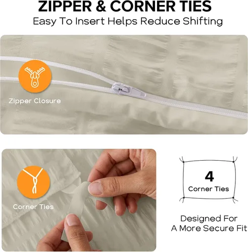 Vista 5 de Cozyide Beige Queen Duvet Cover Set, 3 Pieces Soft Seersucker Queen Size Duvet Cover with Zipper Closure and Corner Ties, 90"x90" Duvet Cover with 2