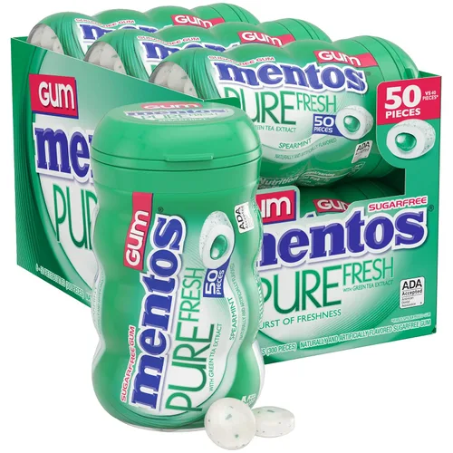 Vista 16 de Mentos Chicle Pure Fresh sin azúcar con xilitol, gaulteria, a granel, botella de 50 piezas (paquete de 6) Goma de mascar, perfecta para un aliento