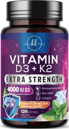 Vista 10 de Vitamina D con K2 (MK-7) – Vitamina D3 5000IU (125 mcg) por porción – Suplemento complejo D3K2 para huesos, dientes, músculos, absorción de calcio
