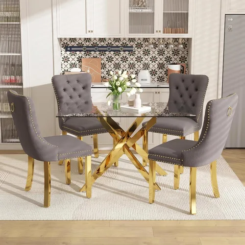 Vista 19 de Juego de mesa de comedor de 51 pulgadas de vidrio para 4, mesa de cocina rectangular de vidrio con 4 sillas tapizadas con acentos de terciopelo
