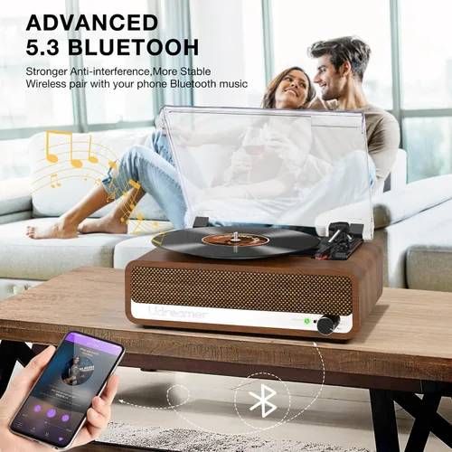 Vista 3 de Reproductor de discos de vinilo con altavoces, tocadiscos de 3 velocidades con Bluetooth, Aux, conector para auriculares, salida RCA y parada
