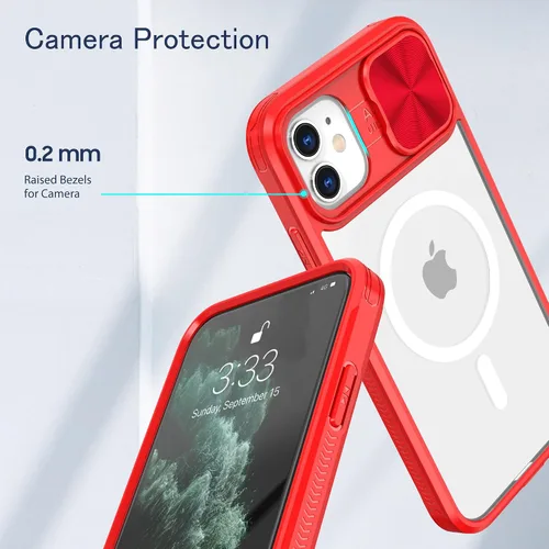 Vista 5 de Funda para iPhone 11 Pro Max compatible con Magsafe con cubierta de cámara deslizante, grado militar, resistente a los golpes, resistente, Rojo