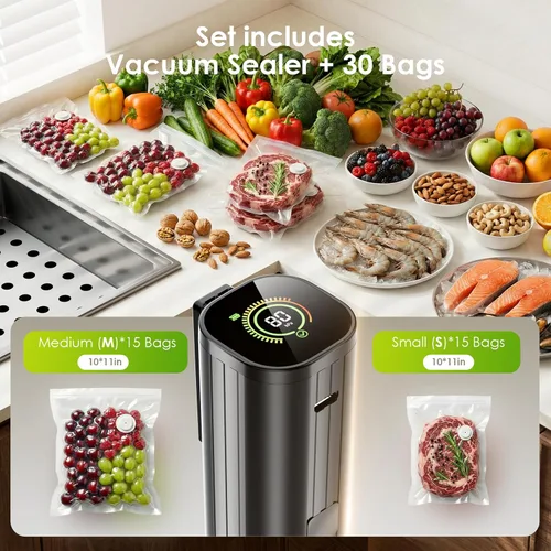 Vista 4 de Elxis Sellador al vacío, sellador al vacío portátil de mano + 30 bolsas de vacío reutilizables, sellador de alimentos portátil, con pantalla