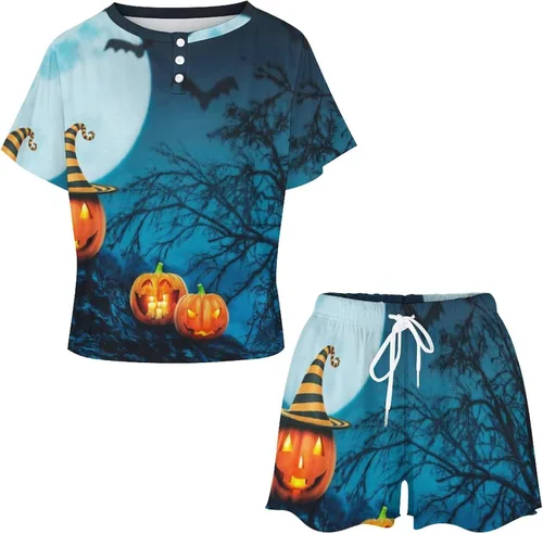 Vista 3 de Happy Helloween Night Pajamas Set Button Down Loungewear Summer Short Sleeve Pjs for Women Soft Comfy 2 Piece