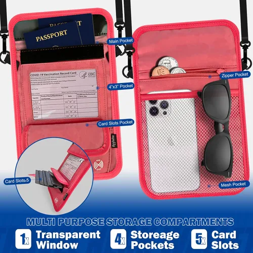 Vista 2 de Billetera de viaje, con bloqueo RFID, carteras para pasaporte para mujer, impermeable, delgada, carteras de mujer, cartera antirrobo para teléfono