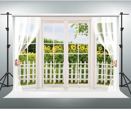 Vista 3 de YongFoto Telón de fondo de ventana de primavera de 5 x 3 pies, girasol amarillo, valla de madera rústica, campo, jardín, naturaleza, paisaje, niña