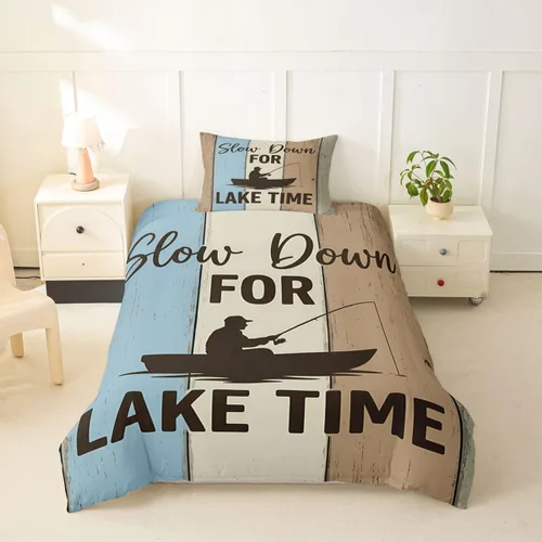 Vista 44 de Erosebridal Lake House Twin Bed Set for Boys Girls Kids, Blue and Beige Lakehouse 2Pcs Duvet Cover with Zipper, Rustic Farmhouse Bedding Sets