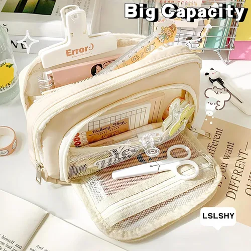 Vista 5 de LSLSHY Estuche grande de tres capas con cremallera para lápices, suministros de papelería para adolescentes, niñas, niños y estudiantes (beige)