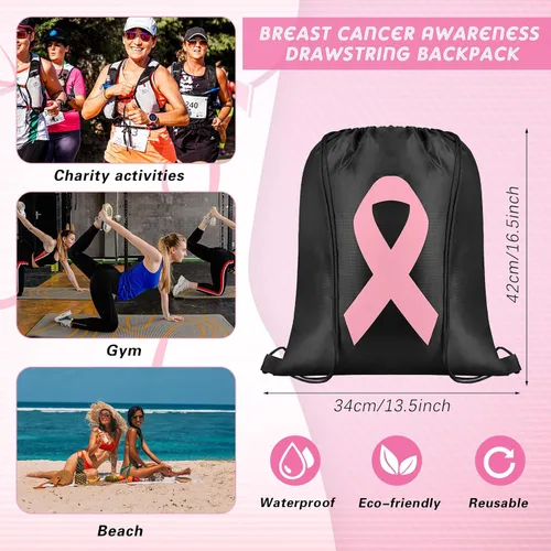 Vista 2 de Silkfly 100 unidades de mochila con cordón para concientización sobre el cáncer de mama, bolsas con cordón rosa a granel, bolsas con cordón
