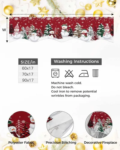 Vista 9 de Bufanda de chimenea de muñeco de nieve de Navidad, diseño de árboles de Navidad rojos, copos de nieve de invierno, bufandas para chimenea, estante