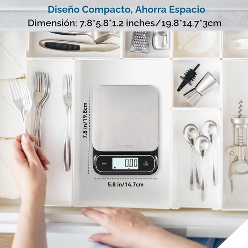 Vista 4 de BOMATA Balanza de cocina impermeable IPX6, precisión alta de 0.1 g/0.01 oz, 5 kg/11 lbs, balanza digital con luz de fondo, plataforma de pesaje