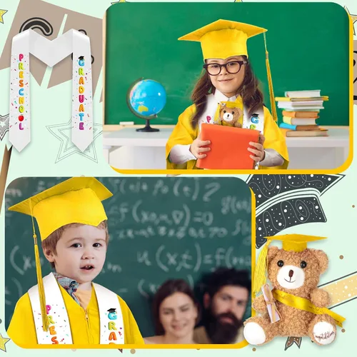 Vista 6 de Unittype 24 piezas de vestido de graduación preescolar con borla, estola de graduación, osito de felpa para niños