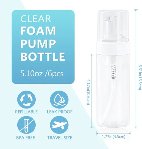 Vista 2 de Botella de espuma vacía transparente de 5.1 onzas líquidas, botella de espuma de viaje para jabón, champú, botella dispensadora de espuma