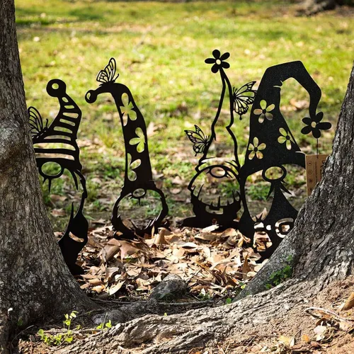 Vista 8 de RealSteel Gnomos de jardín de metal para exteriores, paquete de 4 adornos y estatuas de acero para césped, divertida decoración de patio