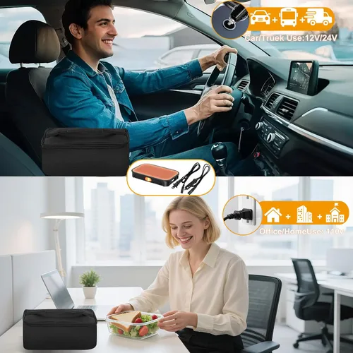 Vista 2 de Horno portátil - Calentador de alimentos de calentamiento rápido de 100 W, lonchera eléctrica 3 en 1 y calentador de almuerzo 12 V/24 V/110 V - Mini