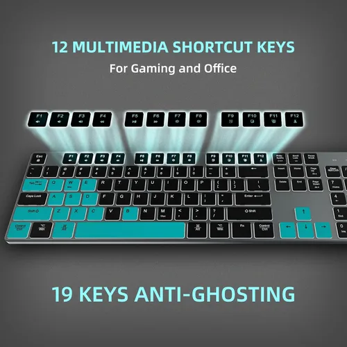 Vista 8 de POWZAN Teclado retroiluminado con cable para Windows/Mac, teclados delgados y silenciosos de aluminio de tamaño completo que se iluminan