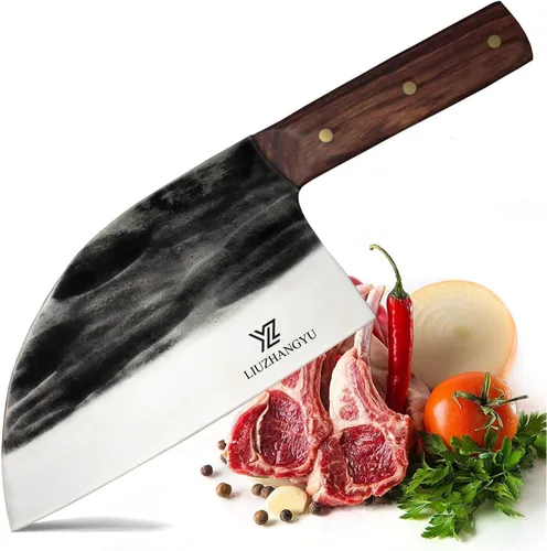 Vista 10 de Cuchillo de chef serbio de forja, cuchillos de corte de espiga completa de acero revestido de alto carbono Almasi Carnicero para cocina, al aire