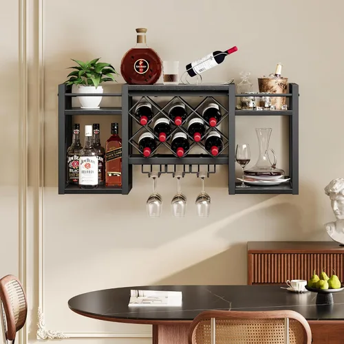 Vista 2 de Estante de vino montado en la pared con soporte para vidrio, estante de bar retro de madera y metal, almacenamiento de pared para cocina, comedor