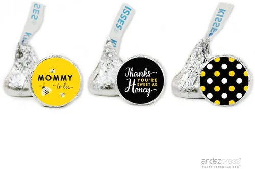 Vista 3 de Andaz Press Mommy to Bee Bumblebee Boy Girl Twins Género Neutral Baby Shower Colección, Trío de calcomanías de gota de chocolate para fiesta, se