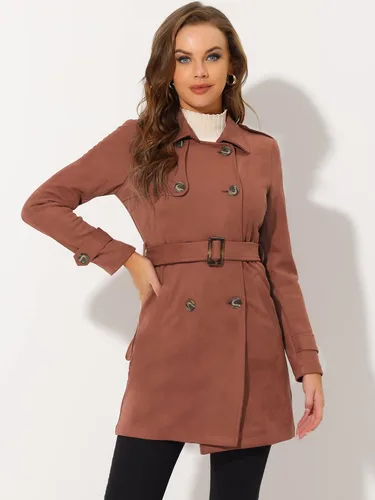 Vista 2 de Allegra K Gabardina de gamuza sintética para mujer, solapa con muesca, doble botonadura con cinturón