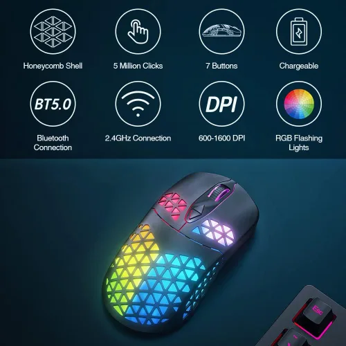 Vista 5 de WolfLawS Mouse inalámbrico para juegos KM-3 mouse USB recargable con carcasa de panal 7 botones programados 4 DPI ajustables BT50BT3024GHz mouse