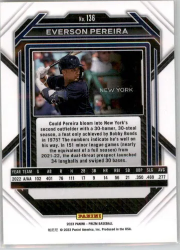 Vista 2 de Panini Prizm #136 Everson Pereira New York Yankees - Tarjeta de béisbol en estado crudo (NM o mejor)
