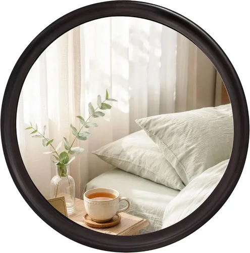 Vista 7 de Espejos redondos de 24 pulgadas, espejo de pared rústico decorativo de transición de nogal oscuro con grano de madera para baño, espejo de tocador