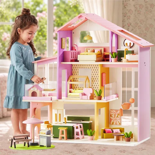Vista 9 de Tiny Land Casa de muñecas, casa de muñecas familiar moderna con diseño realista, casa de muñecas de madera con muebles de 53 piezas, regalo ideal