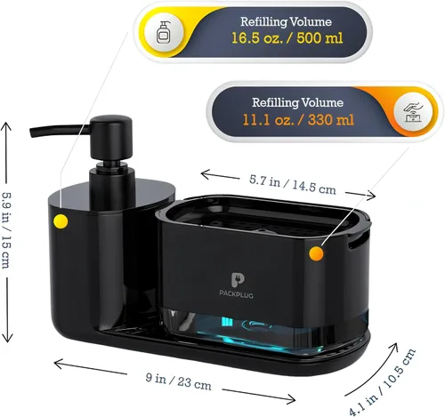 Vista 3 de Juego de dispensador automático de jabón para lavavajillas, bomba de jabón doble satisfactoria, bandeja de esponja premium, organizador de fregadero