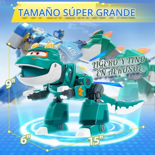 Vista 2 de Super Wings Toys Tino - Dinosaurio de 15 pulgadas, temporada 6, nuevo personaje, figuras de acción de Dinasour con niebla de agua, luz intermitente