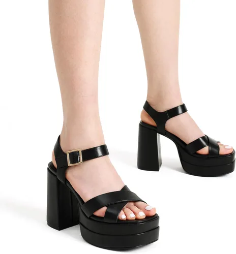 Vista 2 de DREAM PAIRS - Sandalias de tacón grueso con plataforma para mujer, punta cuadrada, correa al tobillo, tacones altos, zapatos Y2K para fiesta y brunch