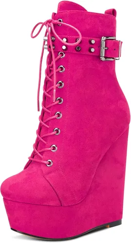 Vista 20 de HDEUOLM Botas de tobillo con tacón de plataforma de cuña alta para mujer, botines cortos con cordones y cremallera Negro