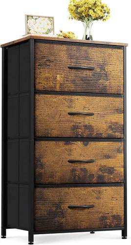 Vista 11 de ODK Cómoda para dormitorio con 4 cajones de almacenamiento, cómoda pequeña cofre de cajones de tela con marco de acero resistente, parte superior