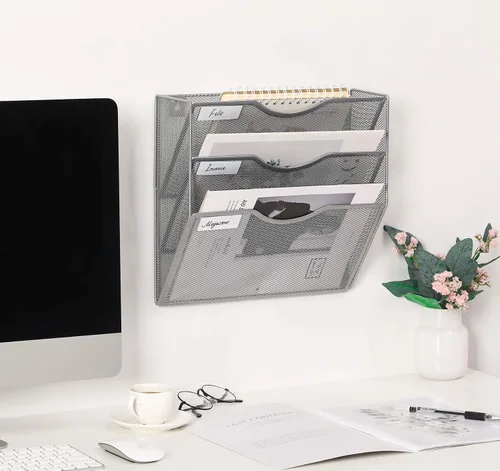 Vista 7 de EasyPAG Organizador de Archivos Colgante de Pared, Organizador de Correo de 3 Bolsillos Montado en Pared, Soporte Vertical para Carpetas de Plateado