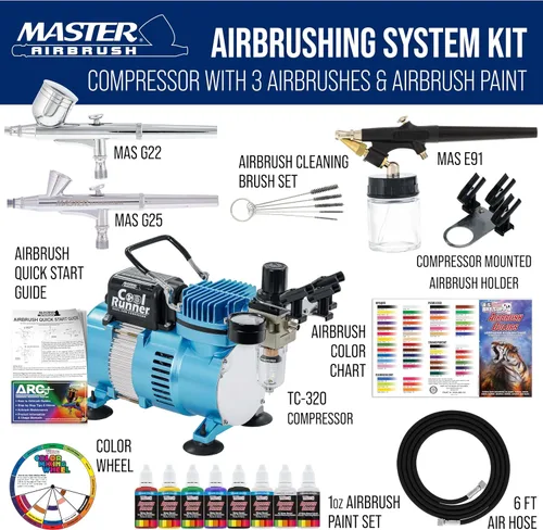 Vista 2 de Equipo profesional de 3 sistemas de aerógrafo con compresor y kit de pinturas de 6 colores primarios, de Master Airbrush