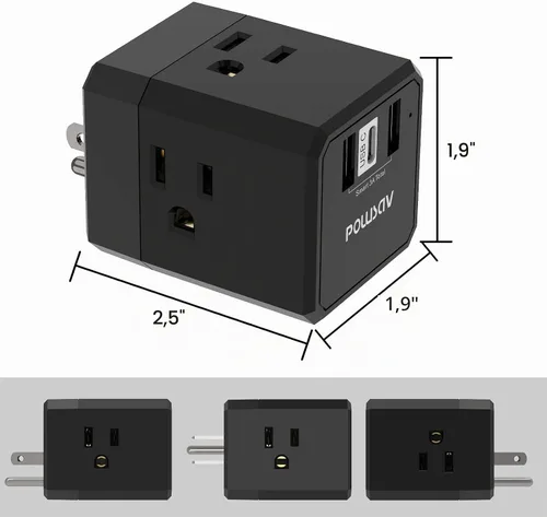 Vista 7 de Cruise Ship Essentials, divisor de salida de 3 lados con 3 puertos USB (1 USB C) cargador de pared USB, extensor de salida para el hogar, oficina