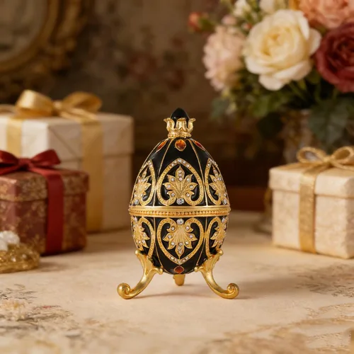 Vista 6 de Caja de joyería esmaltada con huevo de Pascua negro con bisagras, adornos clásicos, regalo de artesanía de metal para decoración del hogar