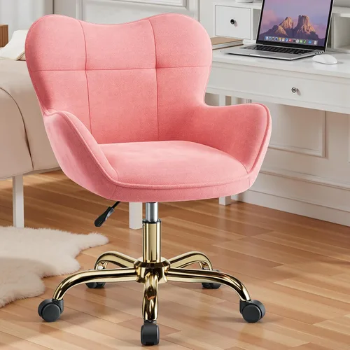 Vista 8 de Silla de tocador con ruedas, bonitas sillas de escritorio de altura ajustable para dormitorio, silla de maquillaje moderna con respaldo (rosa)