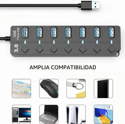 Vista 7 de Eanetf Hub USB 3.0, 7 puertos con interruptores individuales de encendido/apagado e indicadores LED, concentrador de datos de alta velocidad de 5