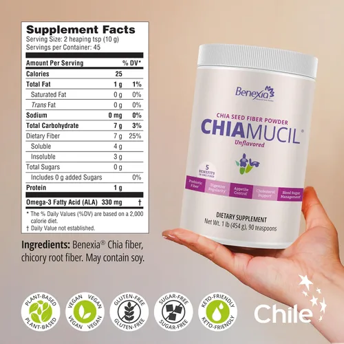 Vista 2 de Chiamucil Prebiótica Chia Fibra en Polvo e Inulina, Sin Sabor, 45