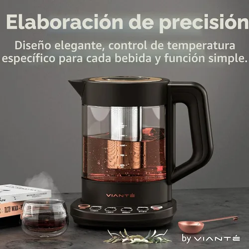 Vista 2 de Vianté - Tetera eléctrica con infusor para hojas sueltas. Elaborador de té caliente con control de temperatura y apagado automático. Tetera